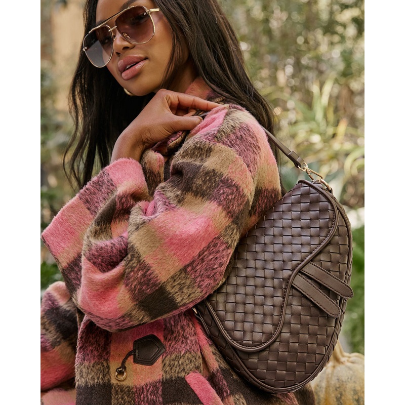 Kalila Faux Leather Woven Saddle Bag Espresso O/S