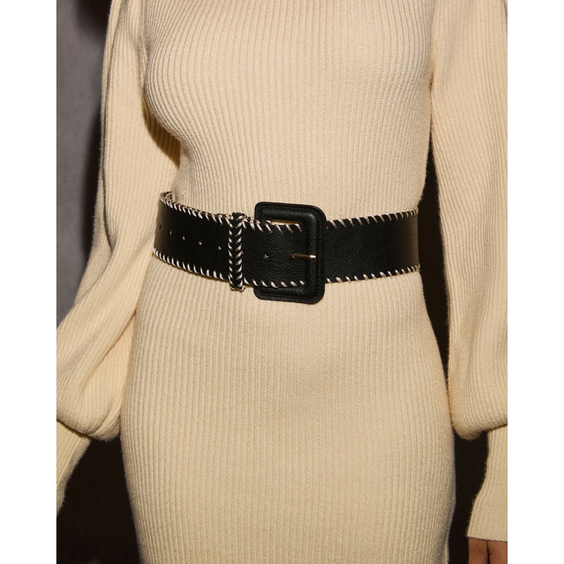 Merrick Stitched Wide Leather Belt Black O/S