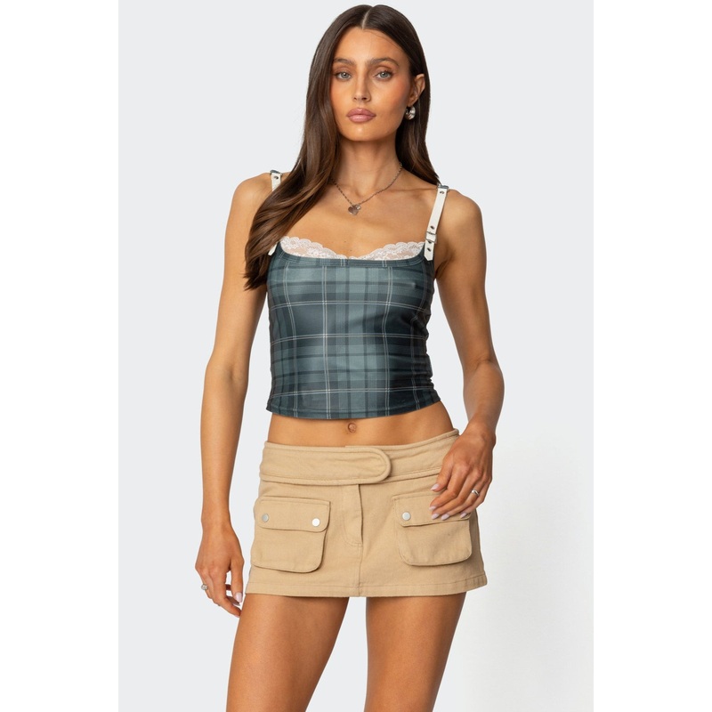 Plaid Lacey Peekaboo Top GREEN XS