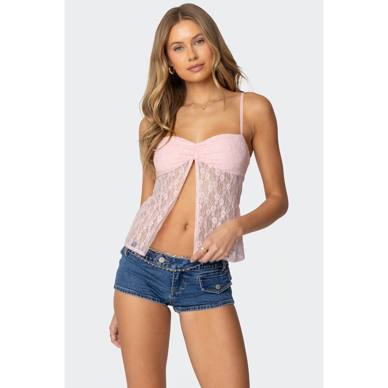 Priya Sheer Lace Split Front Top PINK XS