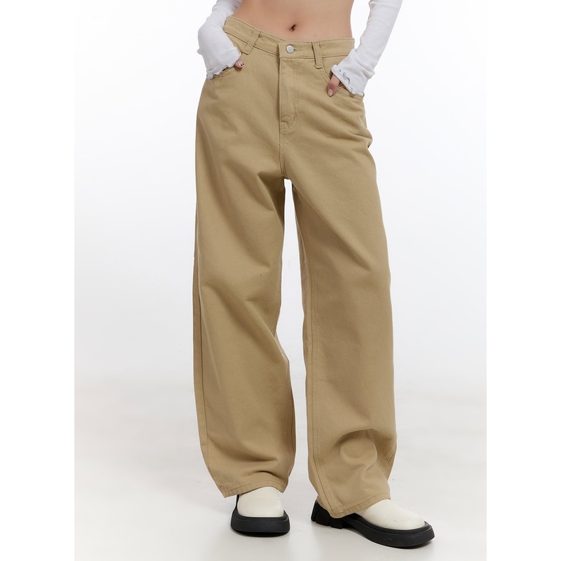 Solid Wide-Leg Trousers CN421 Beige S