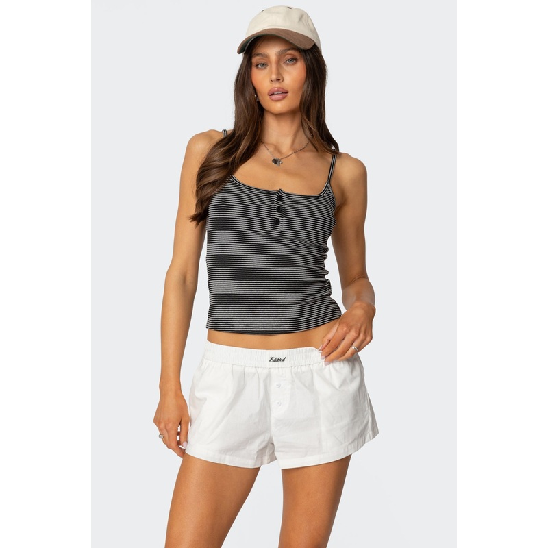 Striped Henley Tank Top BLACK AND WHITE XS