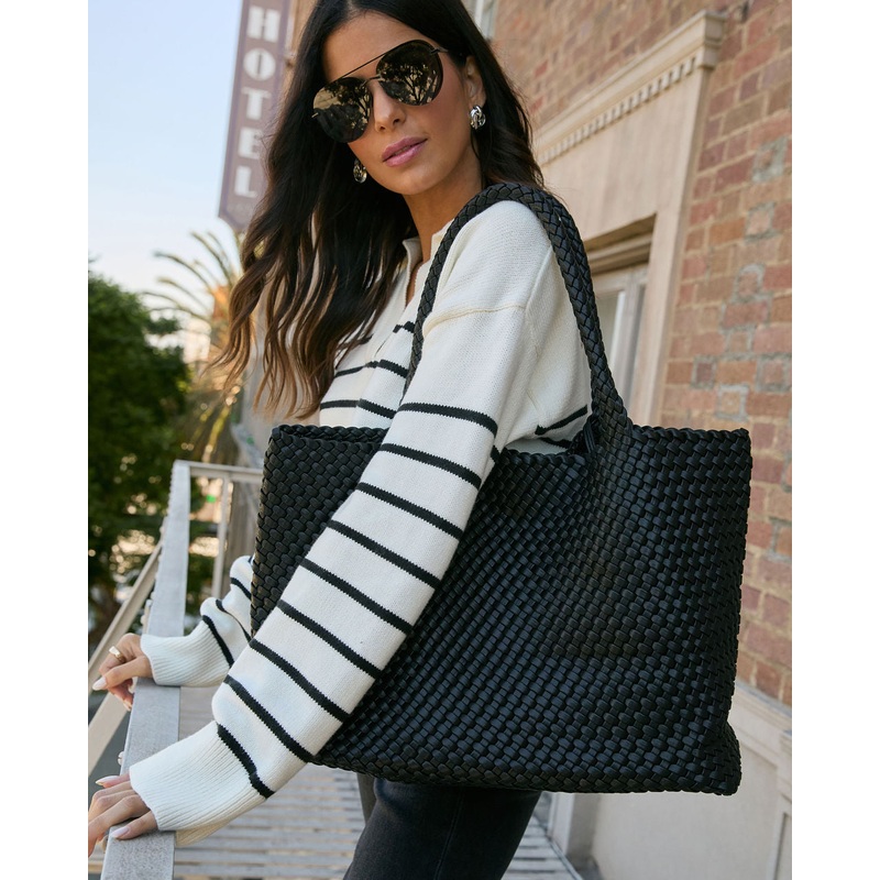 At My Side Woven Leather Tote With Insert Black O/S
