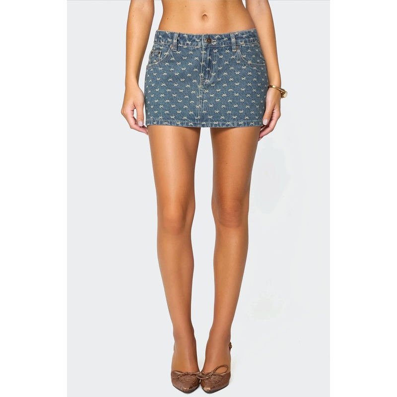 Embroidered Bow Denim Mini Skirt LIGHT BLUE XS