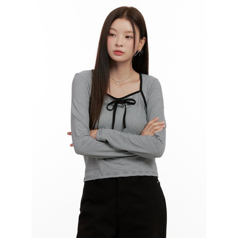 Ribbon Stripe Square Neck TopON422 White S/M