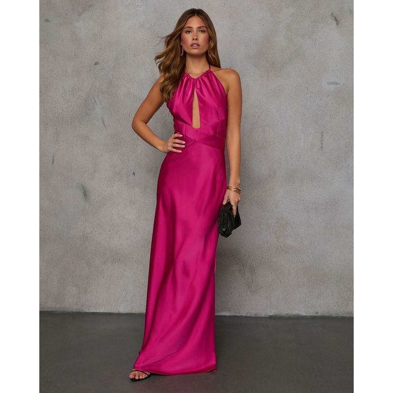 Adelynn Satin Halter Maxi Dress Magenta XS