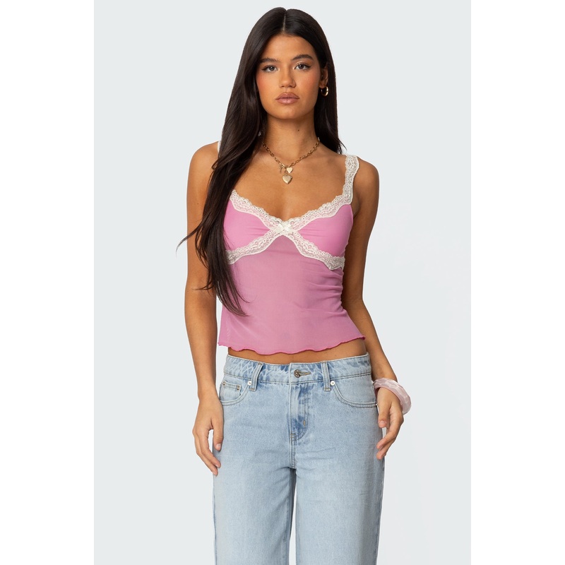 Contrast Lacey Mesh Tank Top PINK XS