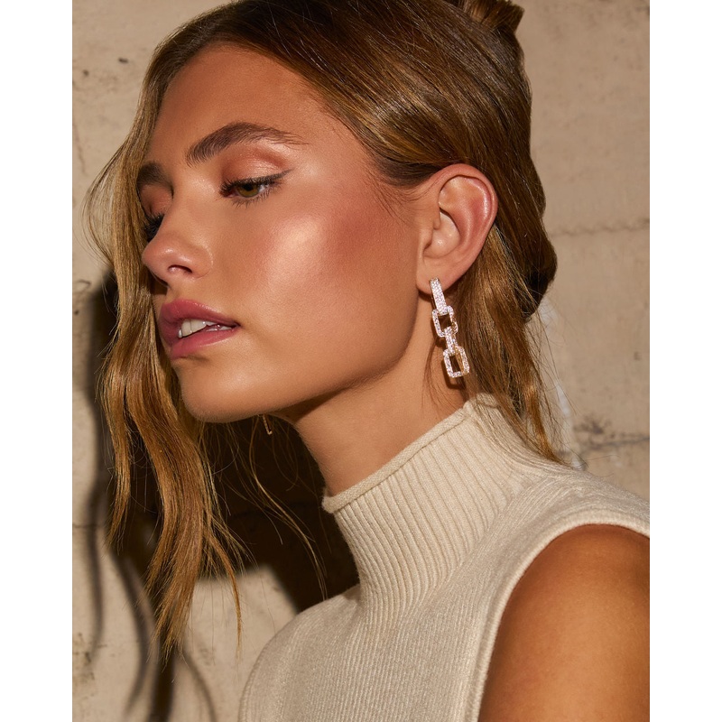 Linked Up Rhinestone Pave Chain Earrings Gold O/S