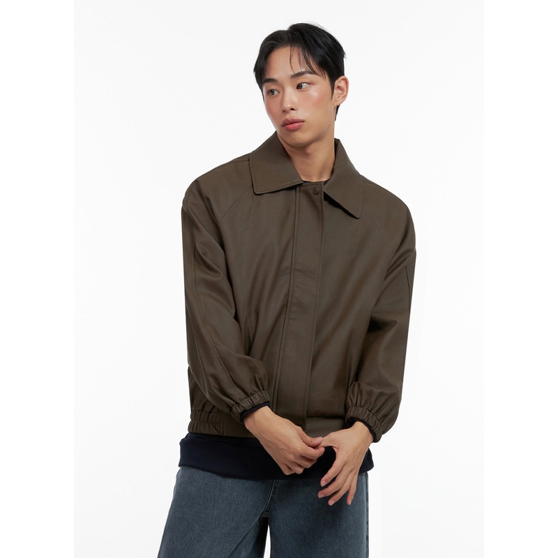 Men’s Collared Faux-Leather Jacket IN426 Brown M/L