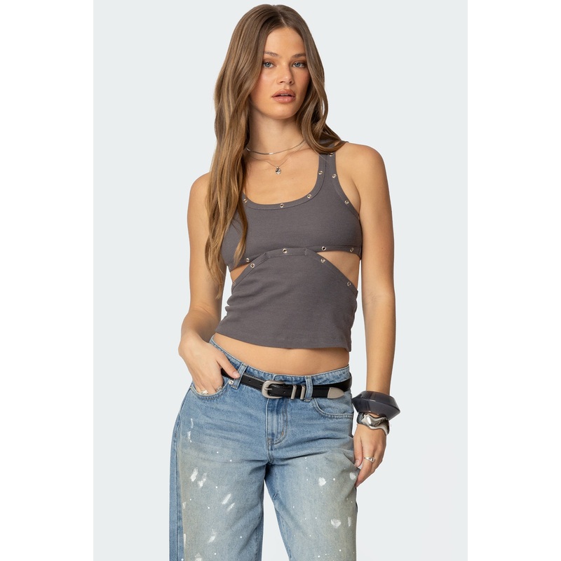 Imogen Cut Out Ribbed Tank Top GRAY XS