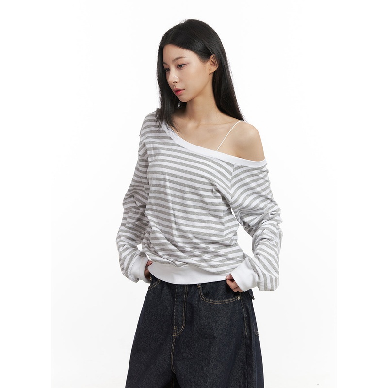 Loose-Fit Striped Drop-Shoulder Top CN426 Gray M/L