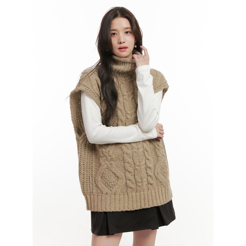 Cable Knit Oversize Turtle Neck Vest ON429 Beige S/M