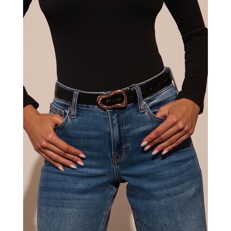 Clarisse Gold Buckle Leather Belt Black O/S