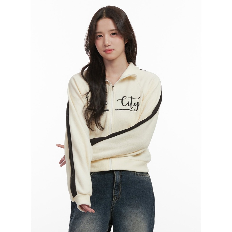 Fleece Lettering Zip Up Sweatshirt ON429 Light beige S/M