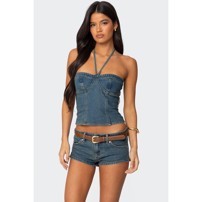 Jagger Denim Halter Top BLUE WASHED XS