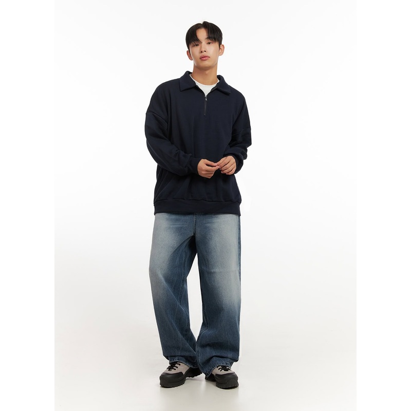 Men’s Wide-Fit Washed Denim Jeans ID406 Dark blue S