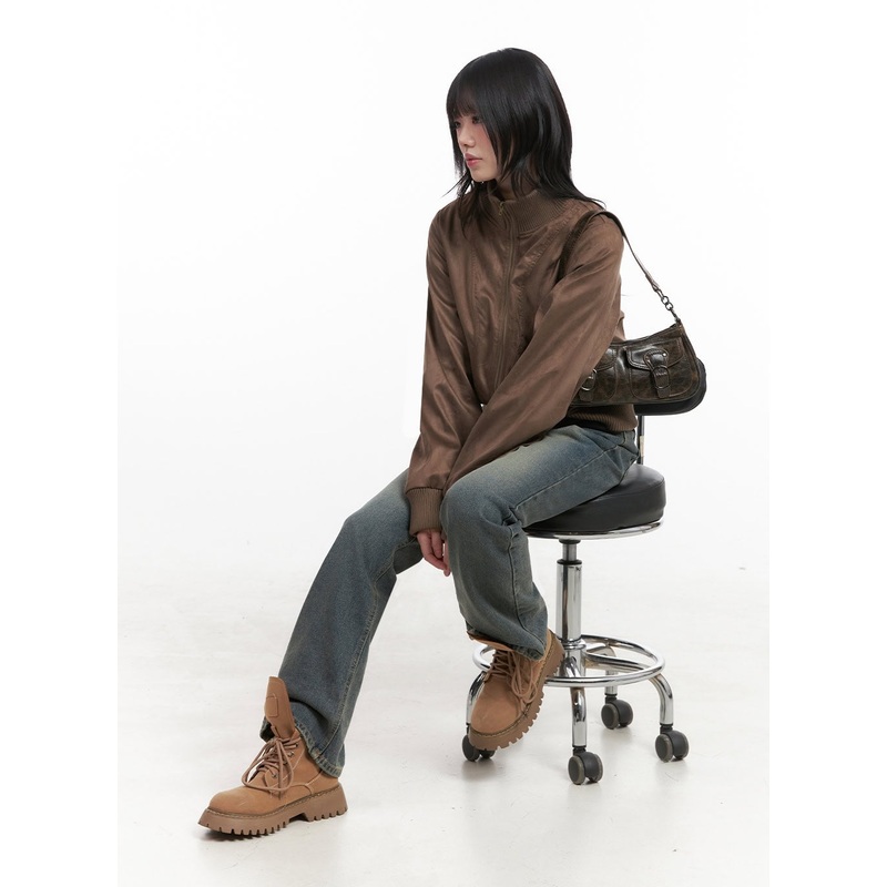 Zip-Up Suede Bomber Jacket ID402 Brown M/L