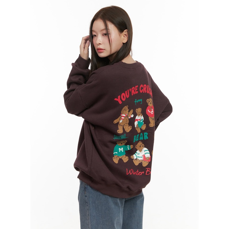 Loose-Fit Graphic Bear Crew Neck OD412 Dark brown S/M