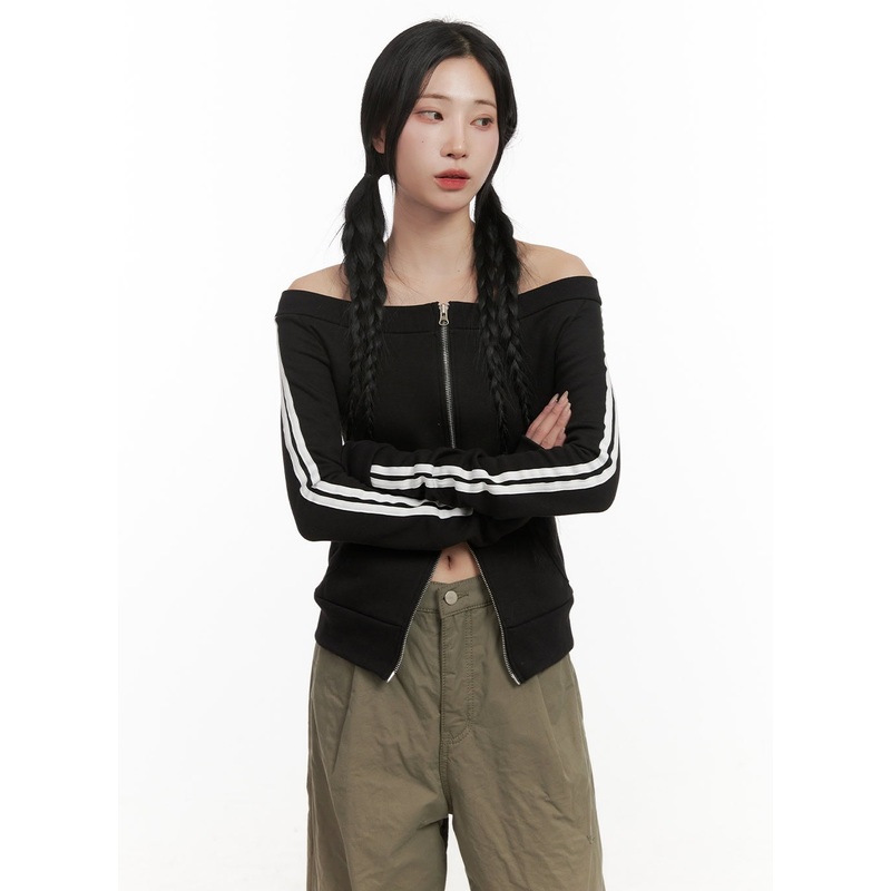 Off Shoulder Zip-Up Long Sleeve Top CD410 Black S/M