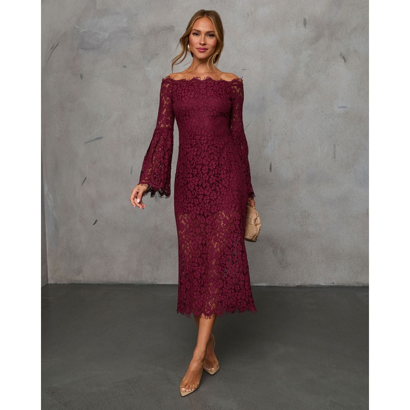 On Your Mind Off Shoulder Lace Midi Dress Burgundy XS
