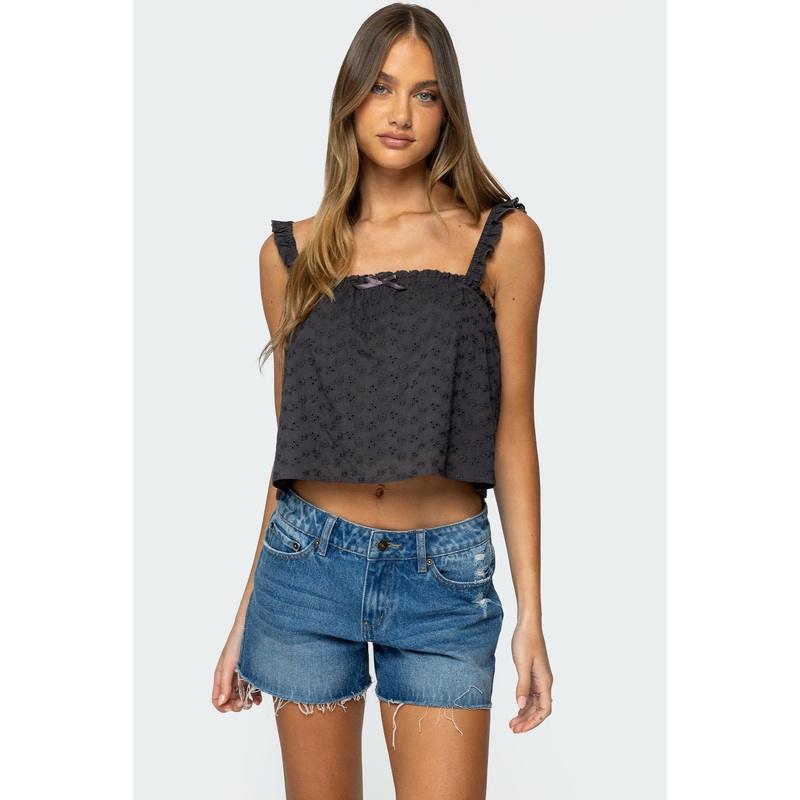 Tami Eyelet Ruffle Tank Top DARK GRAY XS
