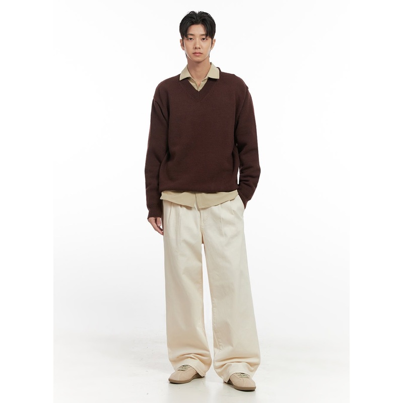 Men’s Pintuck Wide Leg Cotton Pants (Light beige) ID413 Light beige M