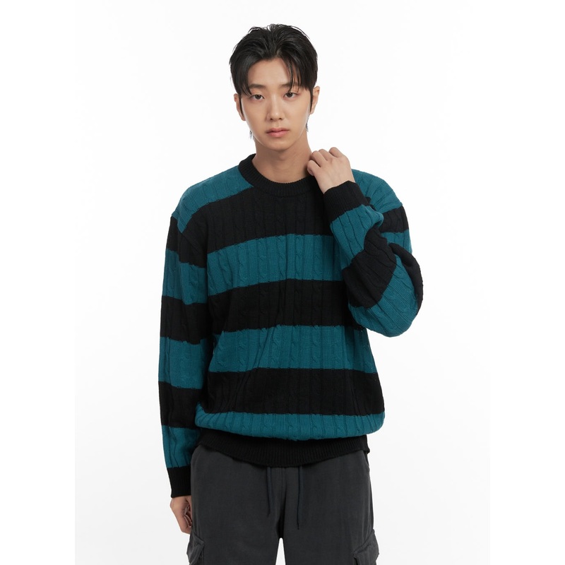 Men’s Stripe Cable Knit Sweater ID413 Dark blue M/L