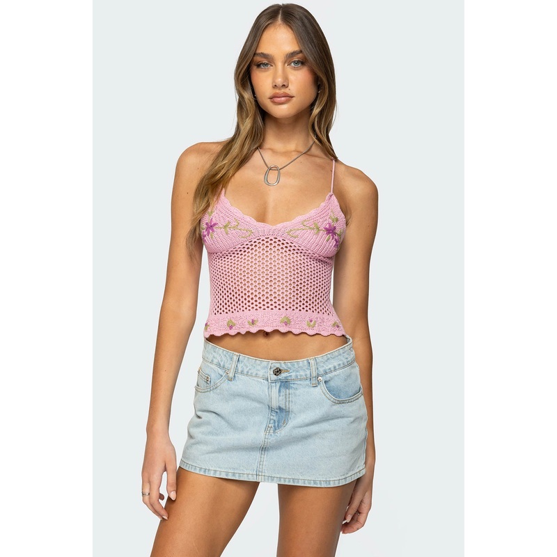 Quince Backless Embroidered Crochet Top PINK XS