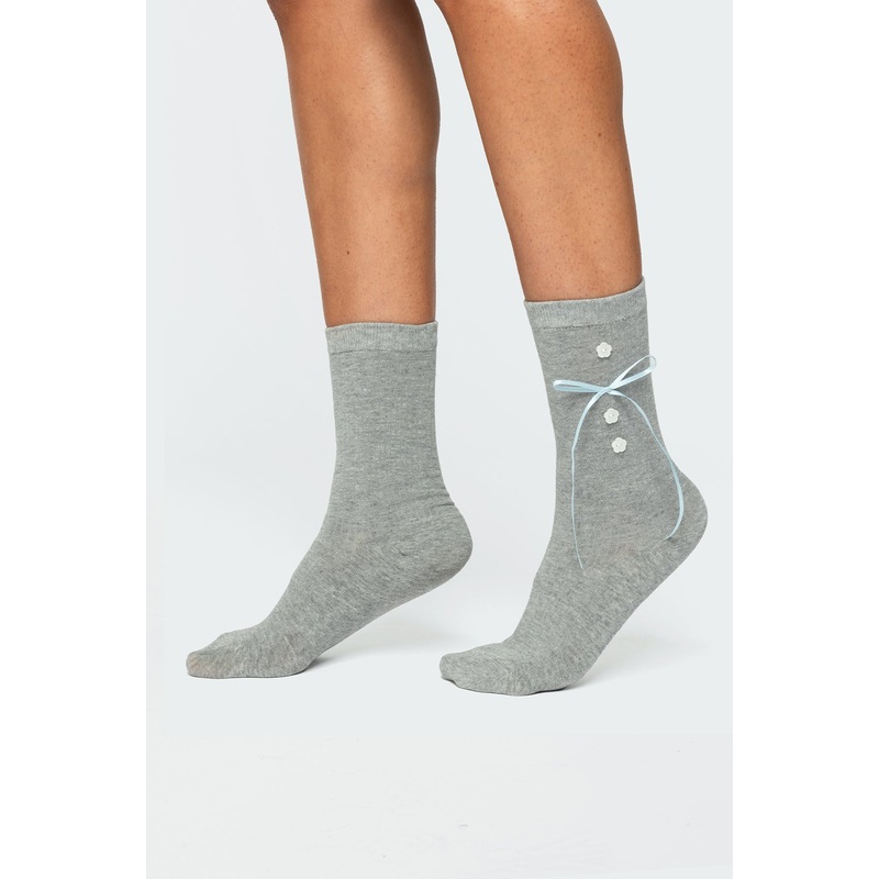 Ribbon & Flower Button Socks GRAY OS