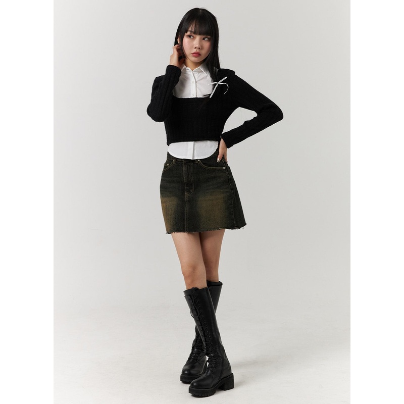 Washed Denim Mini Skirt CJ404 Dark blue S
