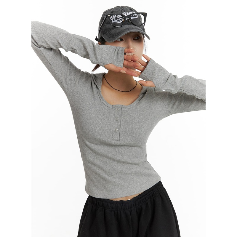 Button Detail Hoodie CF401 Gray S/M