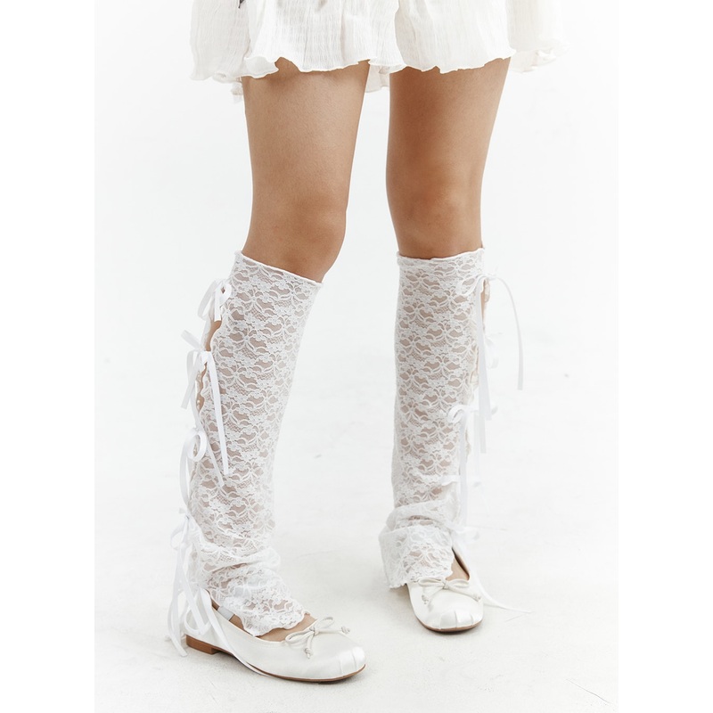 Ribbon Cut-Out Lace Leg Warmers CJ424 White One Size