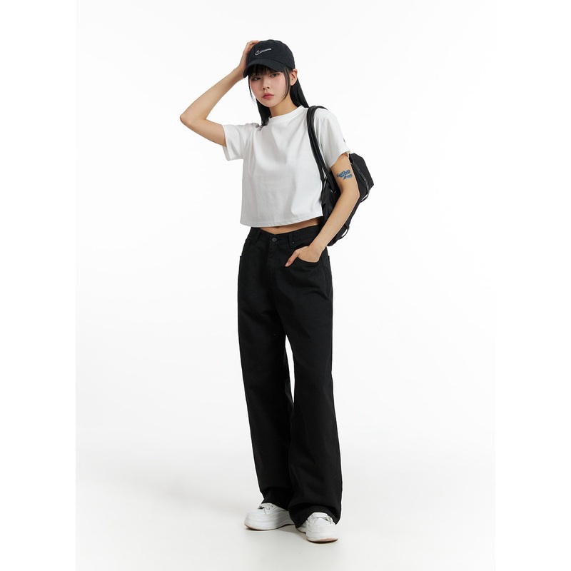 Solid Cotton Wide Leg Pants IF402 Black S