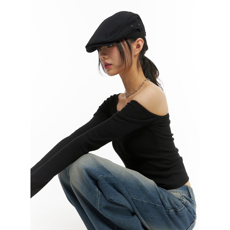 Solid Off-Shoulder Long Sleeve Top CJ415 Black S/M