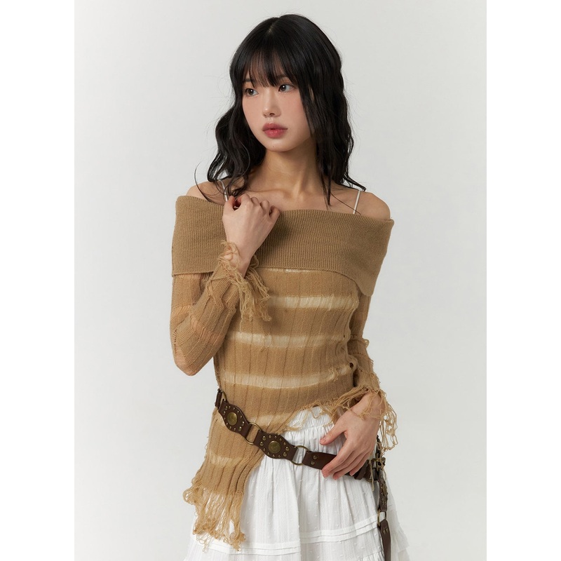Striped Ripped Knit Long Sleeve Top CF406 Beige S/M