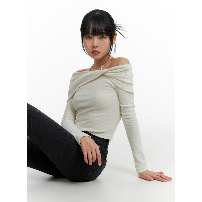 Twist Off Shoulder Long Sleeve IF402 Light beige S/M