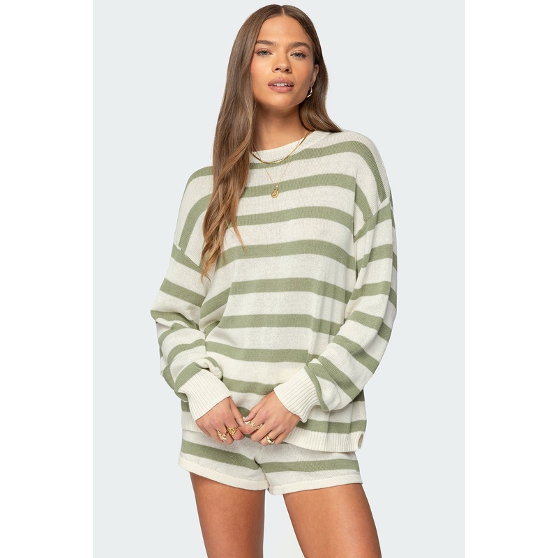 Amaris Oversized Striped Knit Sweater OLIVE XS