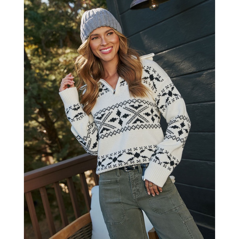Arctic Allure Quarter Zip Sweater Ivory/Black XS