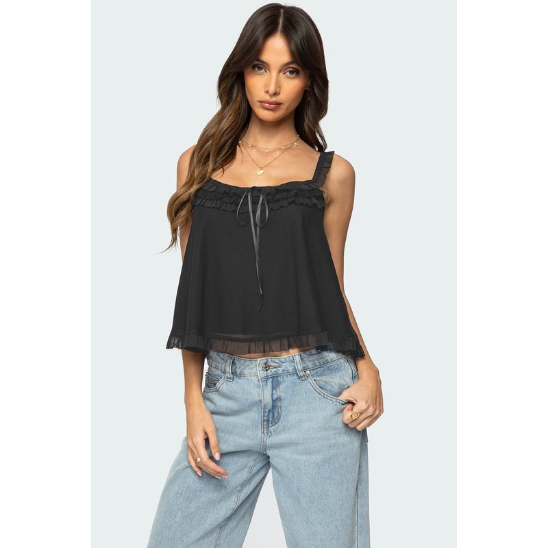 Ruffle Mesh Babydoll Tank Top BLACK XS