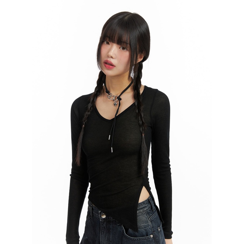 Slit V-Neck Slim Fit Tee CF422 Black S/M