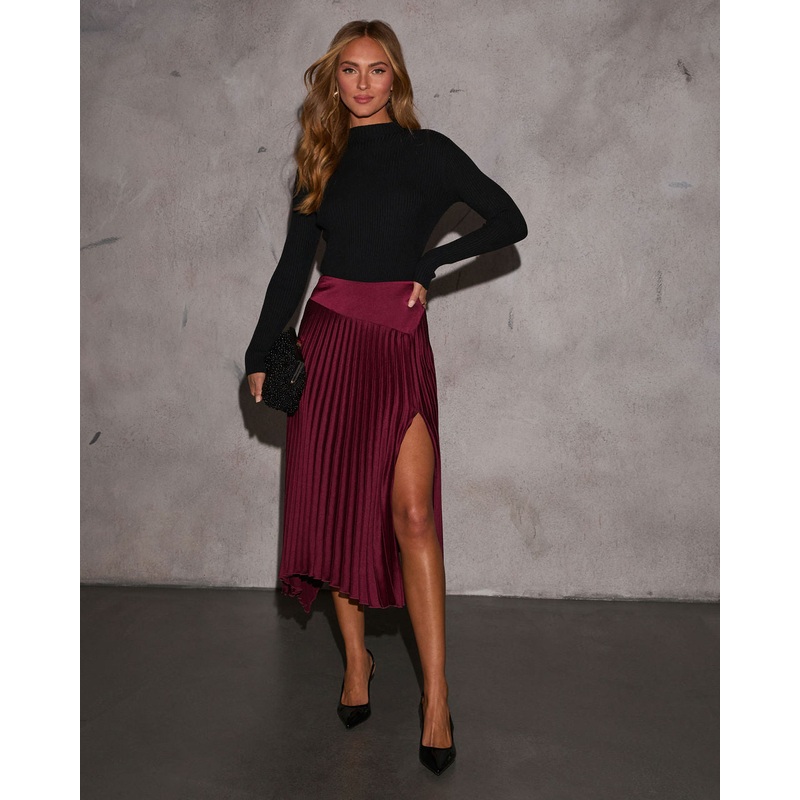Social Gather Asymmetric Pleated Midi Skirt Wine XS