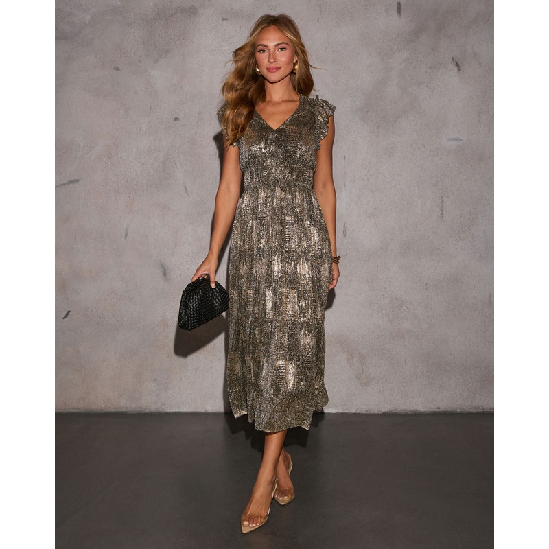 Winter Bells Metallic Midi Dress Black Gold XS