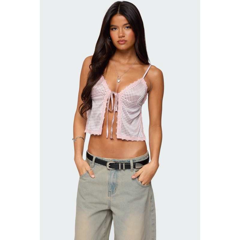 Backless Satin Effect Polka Dot Top LIGHT PINK XS