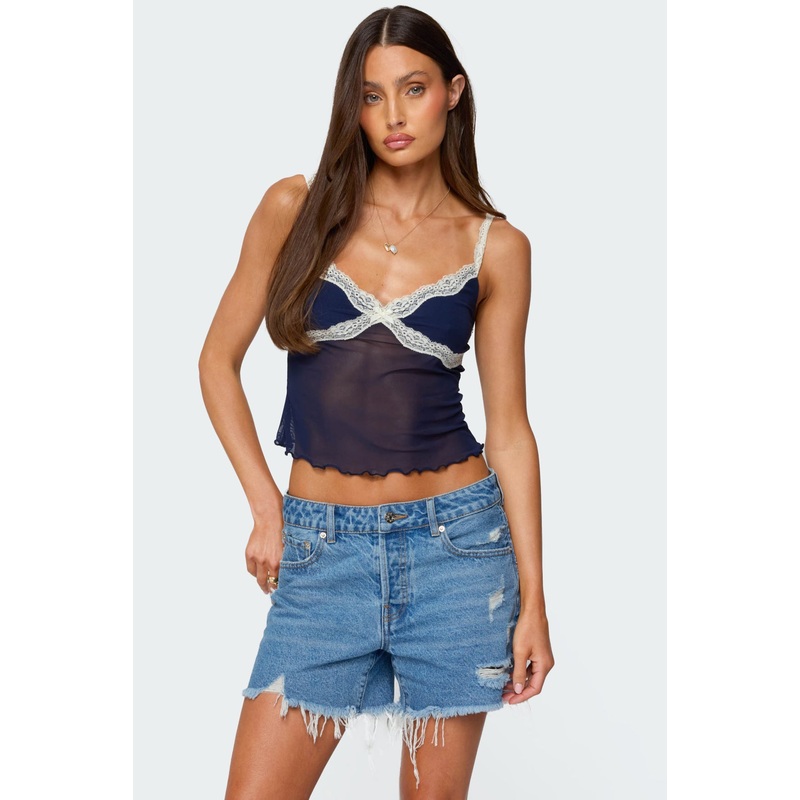 Contrast Lacey Mesh Tank Top NAVY XS