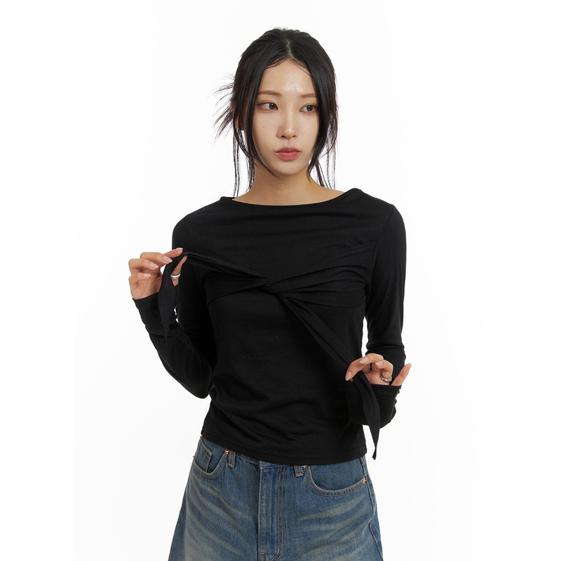 Ribbon Slim Fit Long Sleeve Top CF429 Black S/M