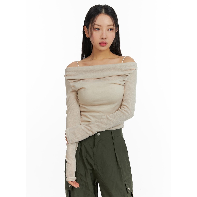 Semi-Ruched Solid Off-Shoulder Long Sleeve CM411 Beige S/M