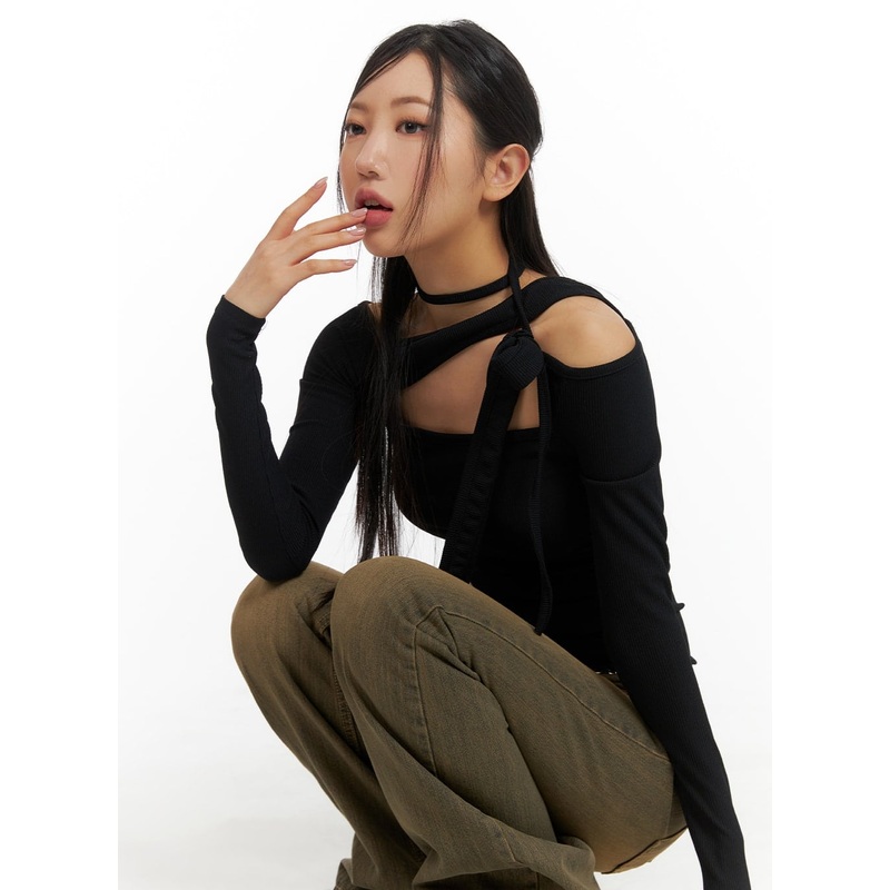Solid Asymmetrical Neck Cut-Out Long Sleeve Top CM411 Black S/M