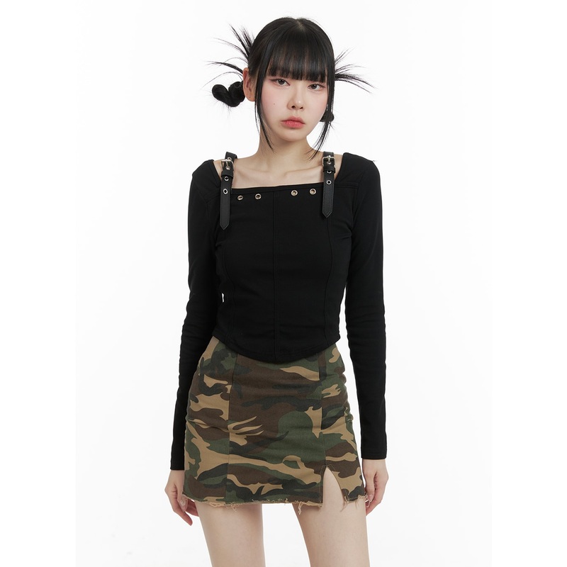 Solid Buckle Cropped Long Sleeve OM426 Black S/M