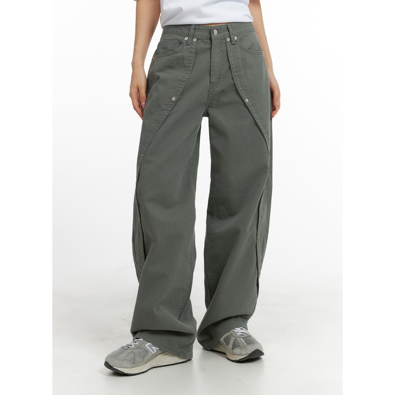 Studded Details Wide Leg Trousers CM419 Dark green S