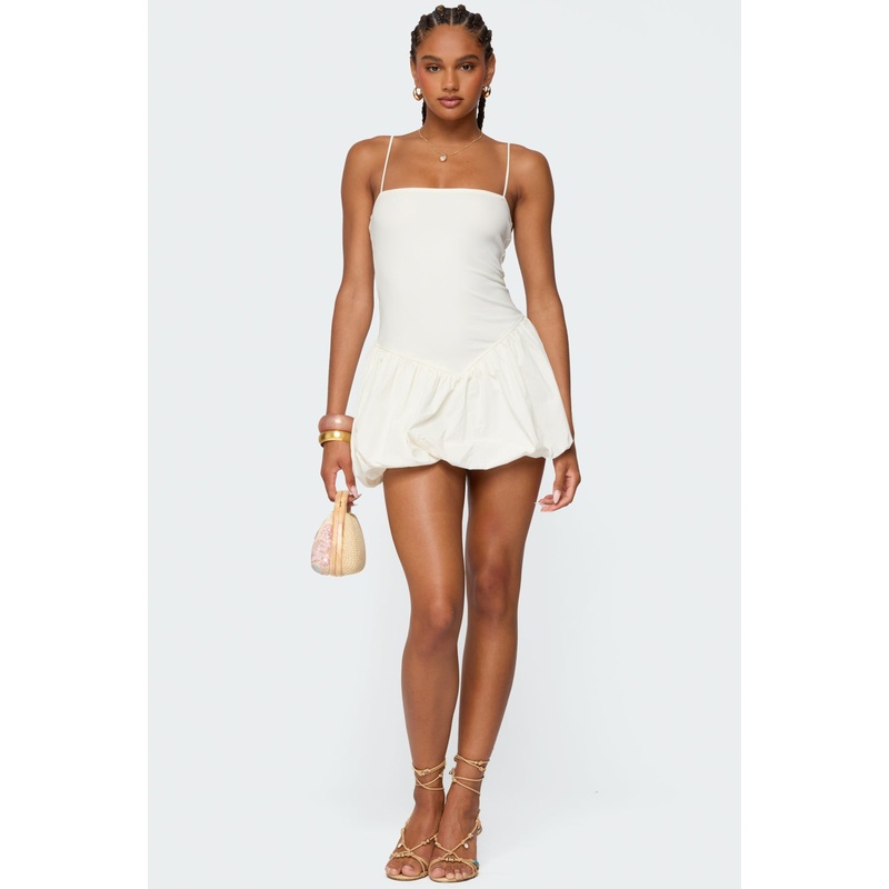 Ribbed Bubble Skirt Mini Dress WHITE XS